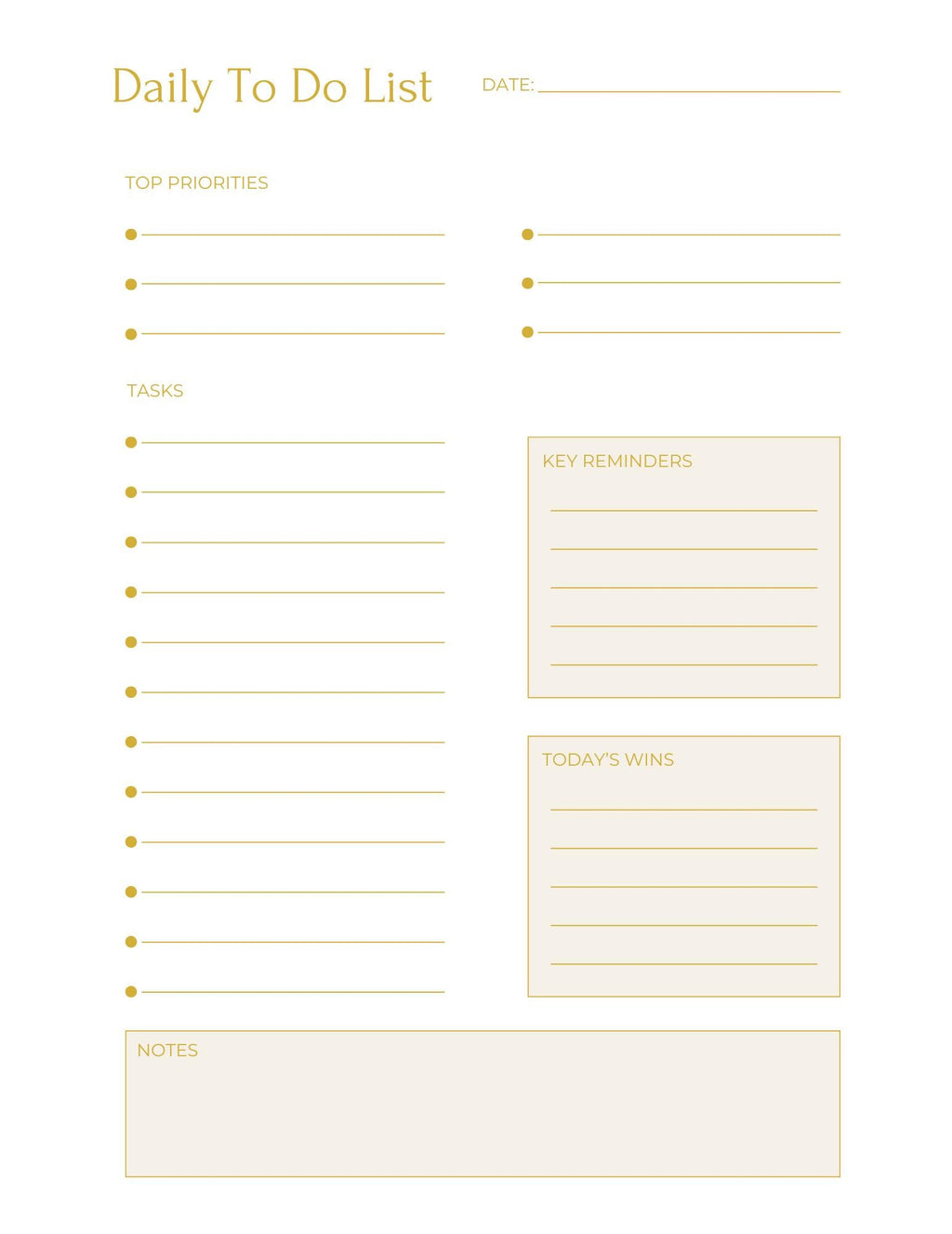 Gold Minimalist Daily Planner Printable Bundle | To Do List Designs